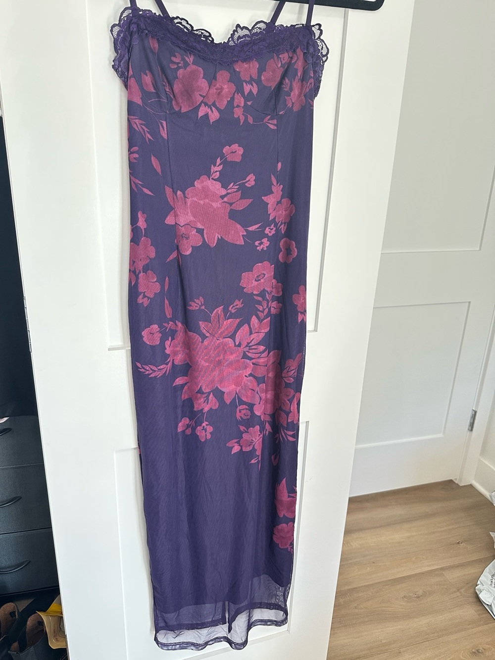 Commense Purple Floral Lace Trim Slip Dress with Pink Flowers - Size M